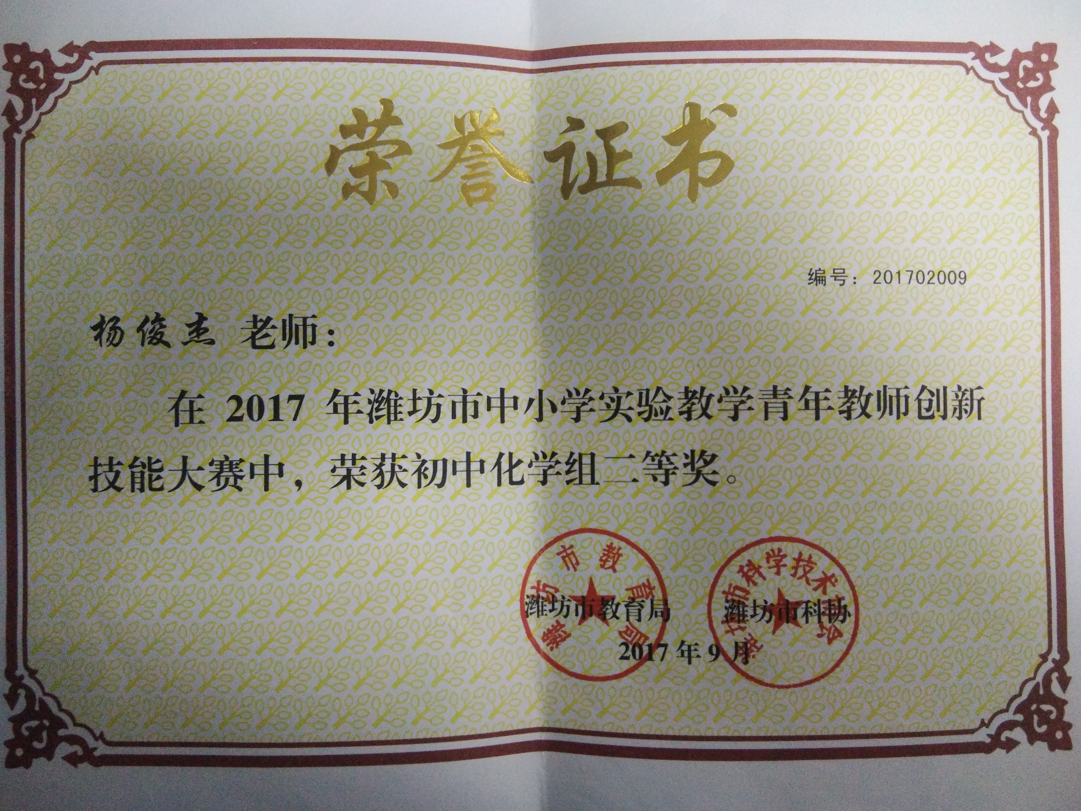 2017年潍坊市中小学实验教学青年教师创新技能大赛中初中化学组二等奖.jpg